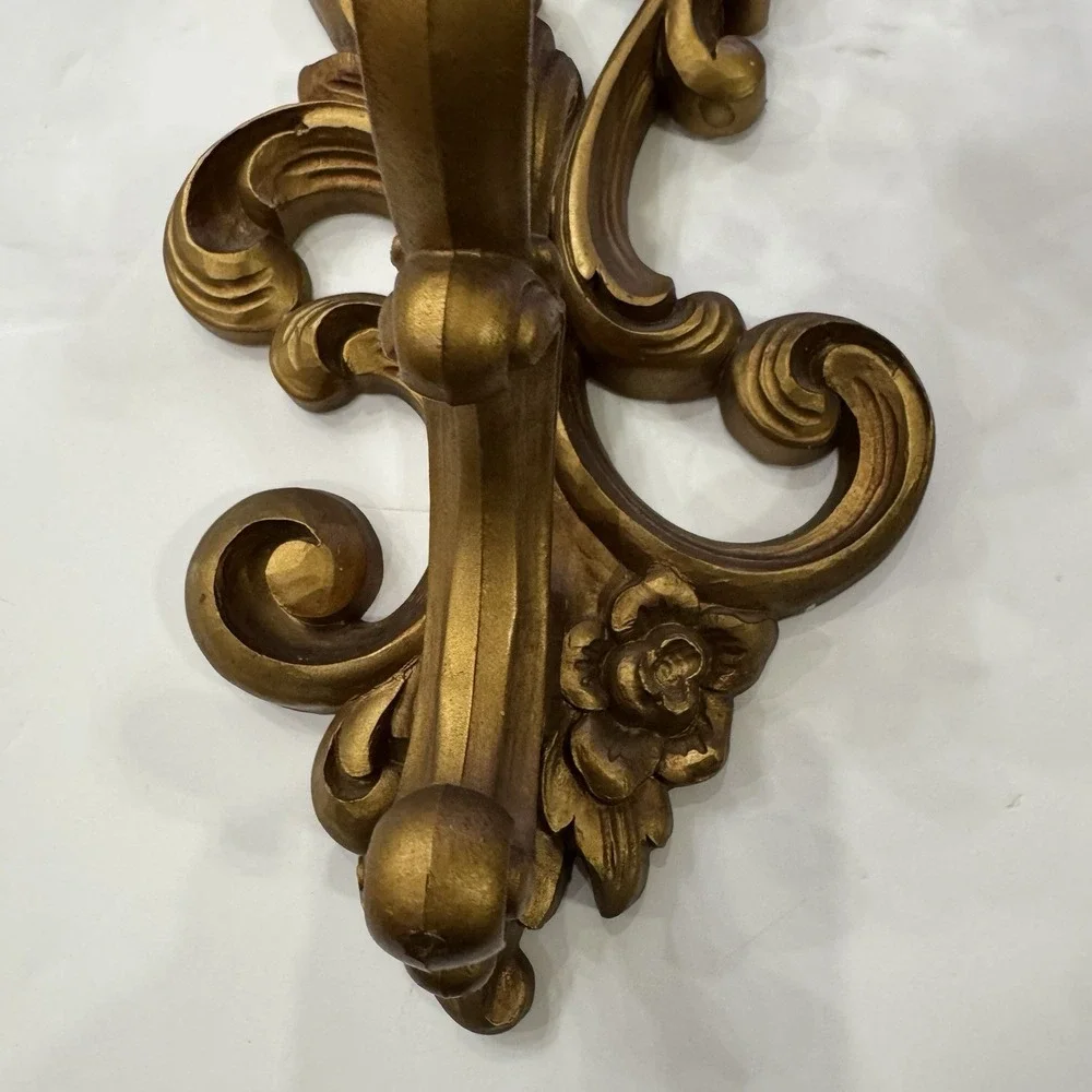 Vintage Homco Wall Sconces 2 Ornate Gold Scroll Candle Holders w/ Glass Votives